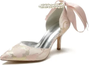 Wedding Shoes for Bride Bowknot Pumps Womens Closed Toe Pointed Toe Bridal Shoes Stiletto Strap Floral Satin Sandals Pearl Evening Dress