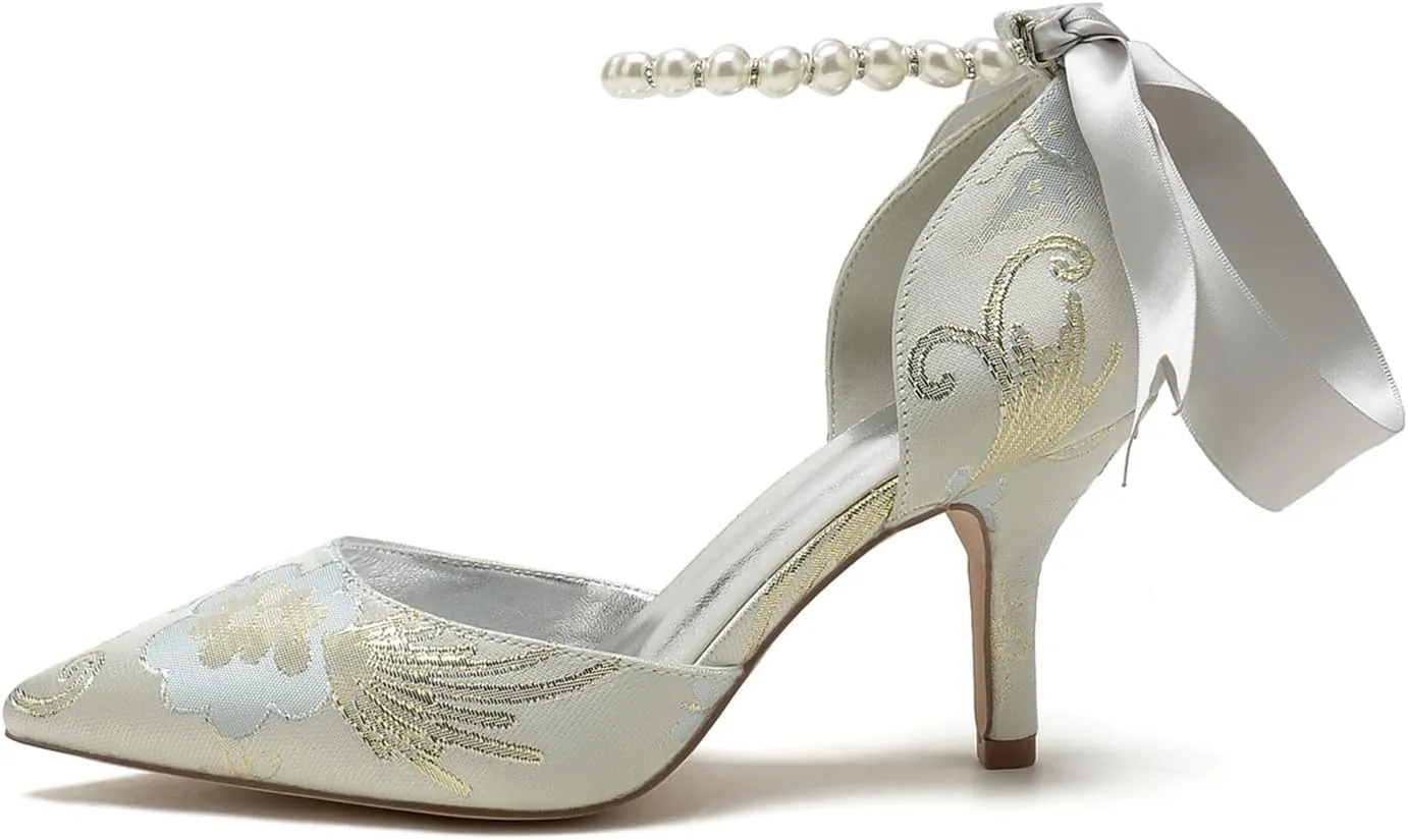 Wedding Shoes for Bride Bowknot Pumps Womens Closed Toe Pointed Toe Bridal Shoes Stiletto Strap Floral Satin Sandals Pearl Evening Dress