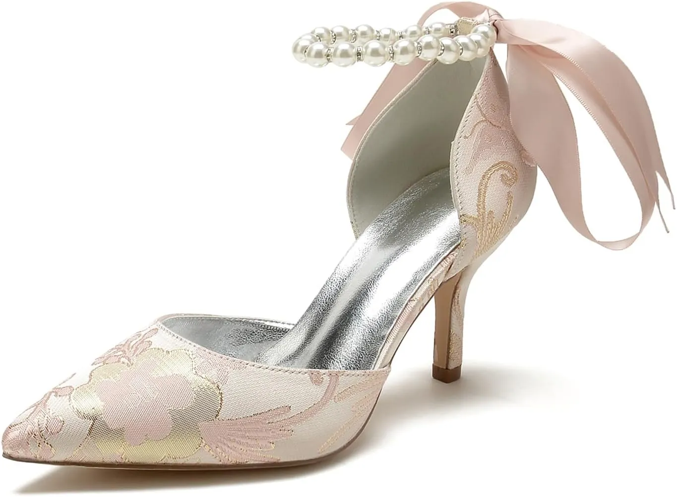 Wedding Shoes for Bride Bowknot Pumps Womens Closed Toe Pointed Toe Bridal Shoes Stiletto Strap Floral Satin Sandals Pearl Evening Dress