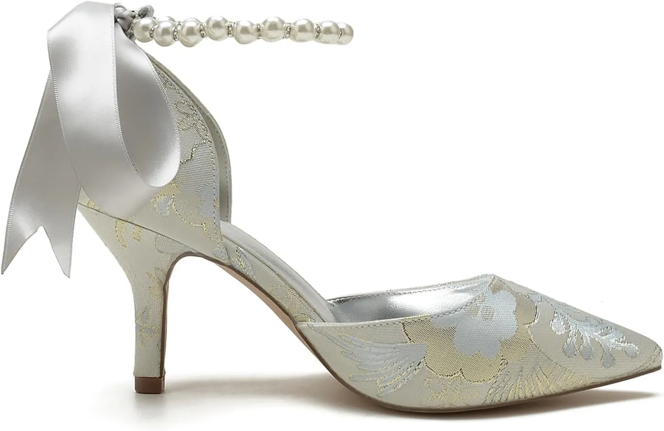 Wedding Shoes for Bride Bowknot Pumps Womens Closed Toe Pointed Toe Bridal Shoes Stiletto Strap Floral Satin Sandals Pearl Evening Dress