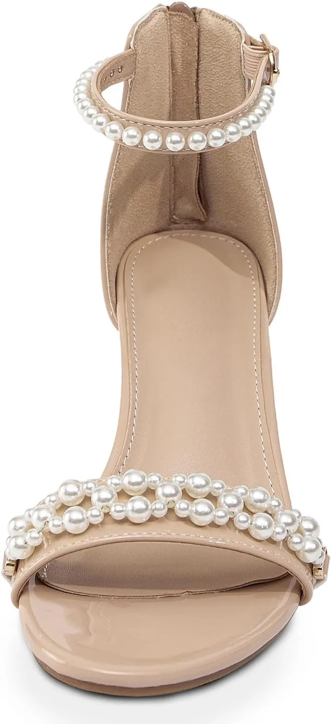 WOJWSKI Women's Heels Sandals for Women Open Toe Fashion Pearls Platform Heeled Sandals Ankle Strap Block Chunky Low Heel Pump Sandal Party Wedding Dress Shoe