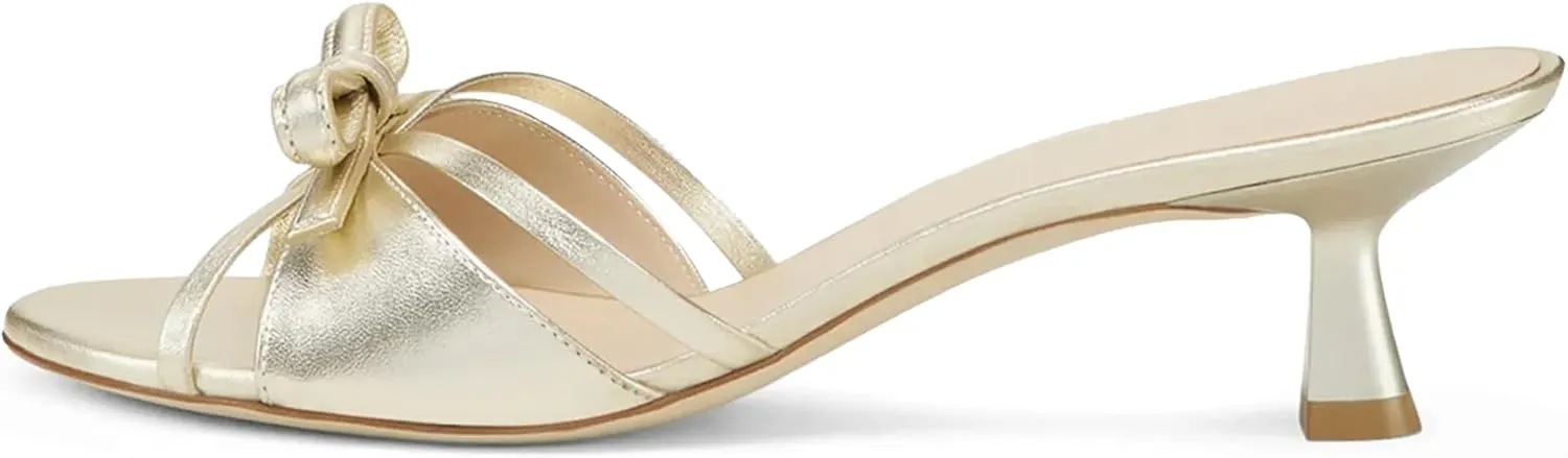 Women Heeled Sandals Mules Round Open Toe Bow Slides Low Kitten Heels Silp On Slippers Casual Stiletto Wedding Dress Slide Shoes