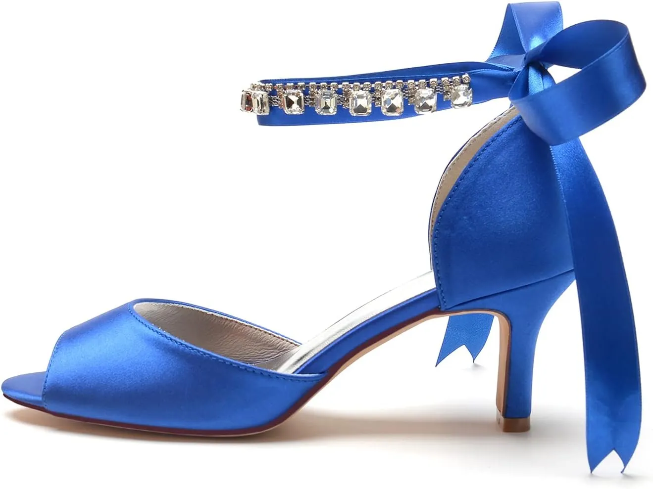 Women Peep Toe Pumps Sandals Ankle Strap 2.56in Comfy Mid Heels Wedding Evening Dress Shoes Ribbon Tie Satin