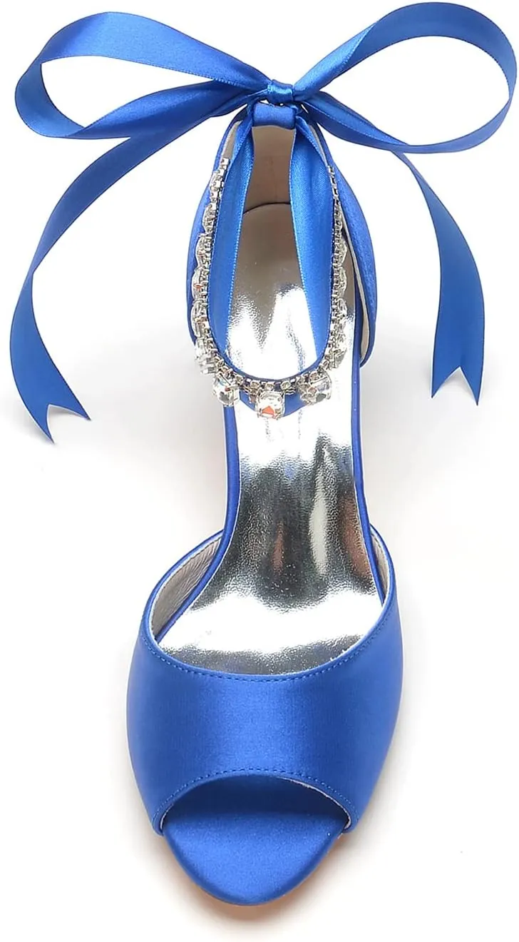 Women Peep Toe Pumps Sandals Ankle Strap 2.56in Comfy Mid Heels Wedding Evening Dress Shoes Ribbon Tie Satin