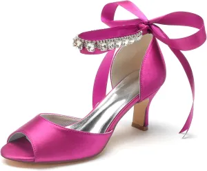 Women Peep Toe Pumps Sandals Ankle Strap 2.56in Comfy Mid Heels Wedding Evening Dress Shoes Ribbon Tie Satin