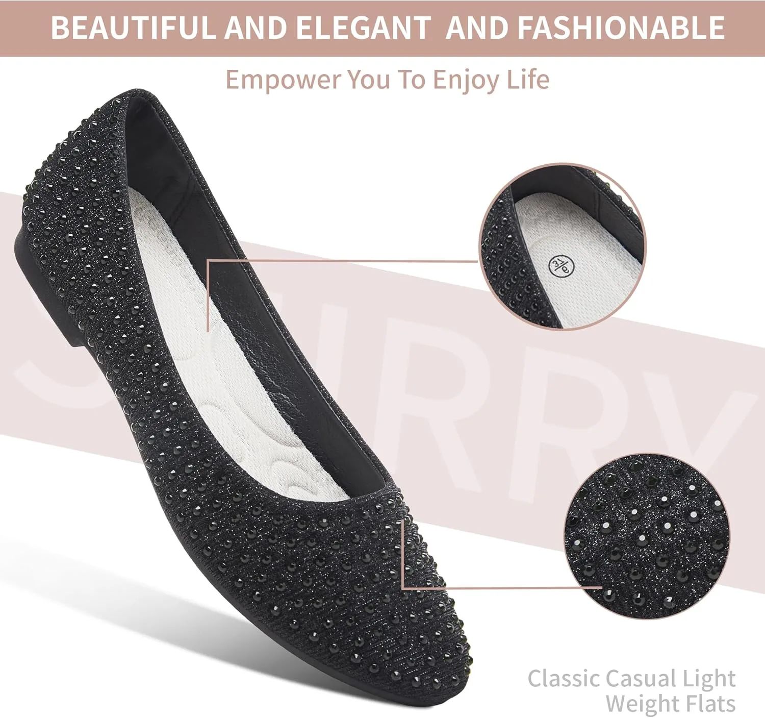 Women Rhinestone Ballet Flats Round Toe Sparkly Elegant Ballerina Flats Comfortable Light Weight Business Shoes Fashion Dress Wedding Shoes
