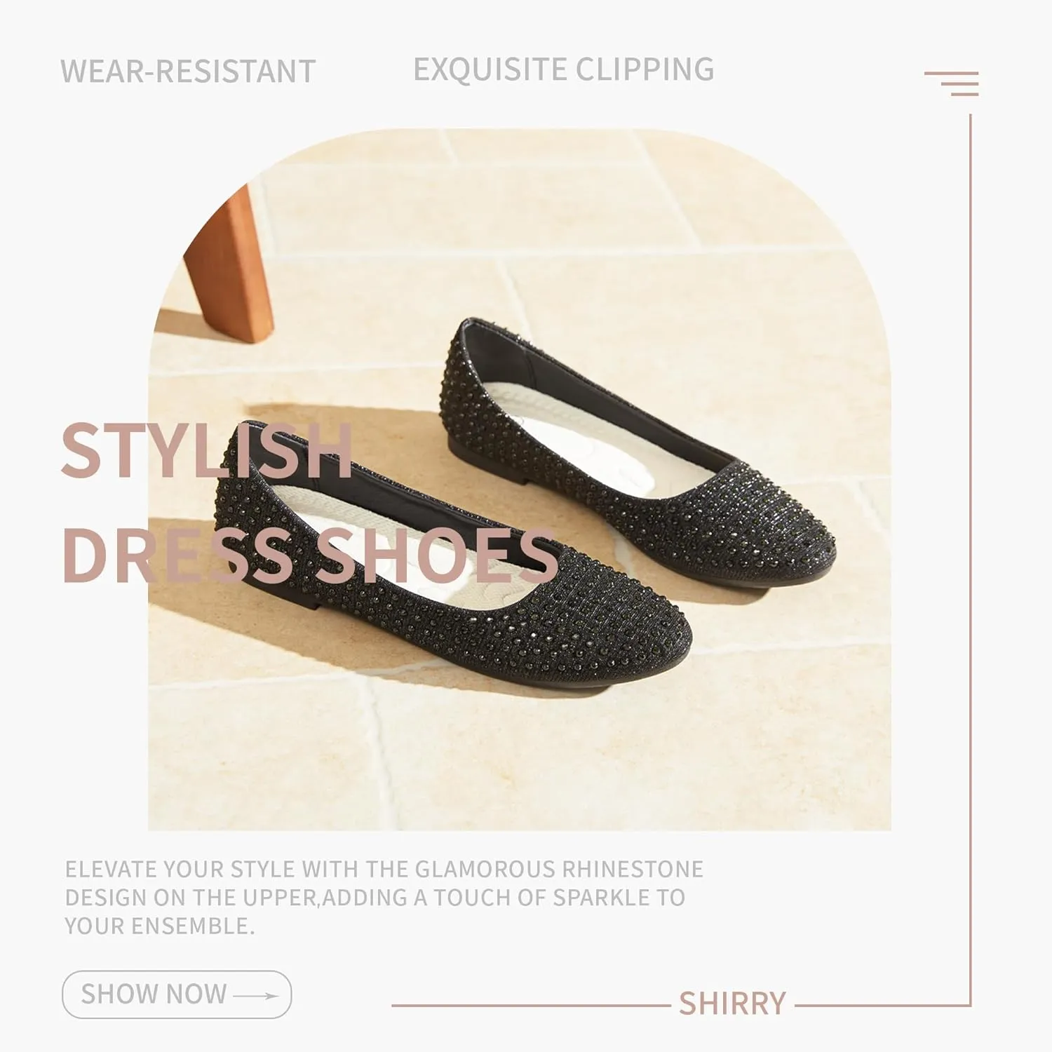 Women Rhinestone Ballet Flats Round Toe Sparkly Elegant Ballerina Flats Comfortable Light Weight Business Shoes Fashion Dress Wedding Shoes