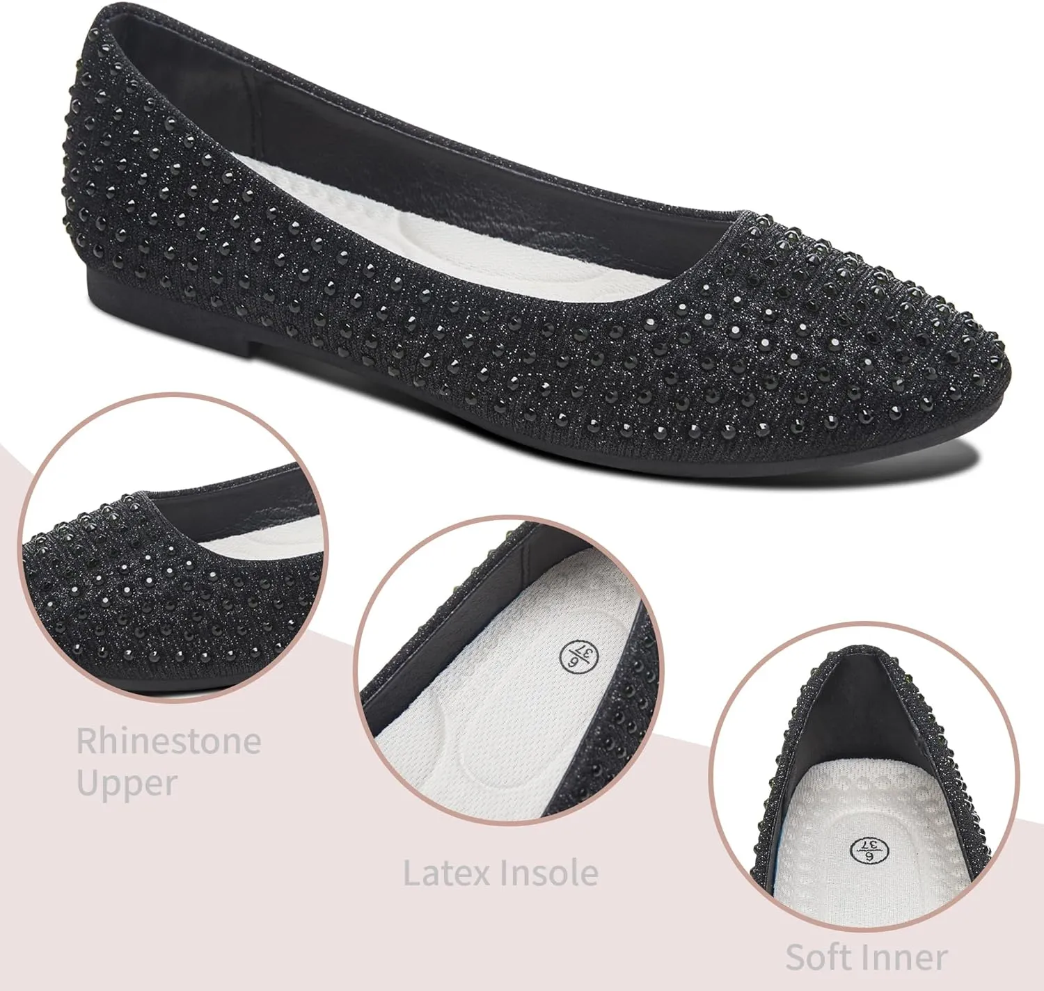 Women Rhinestone Ballet Flats Round Toe Sparkly Elegant Ballerina Flats Comfortable Light Weight Business Shoes Fashion Dress Wedding Shoes