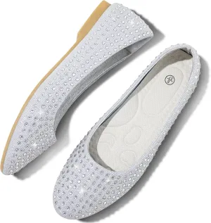 Women Rhinestone Ballet Flats Round Toe Sparkly Elegant Ballerina Flats Comfortable Light Weight Business Shoes Fashion Dress Wedding Shoes