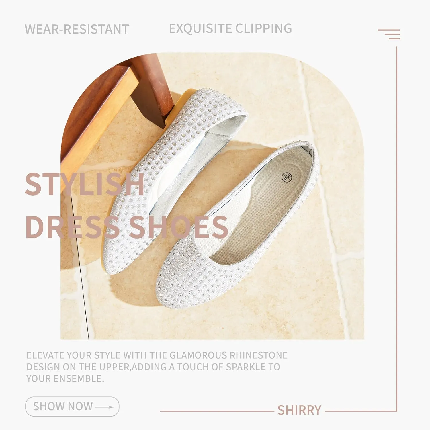 Women Rhinestone Ballet Flats Round Toe Sparkly Elegant Ballerina Flats Comfortable Light Weight Business Shoes Fashion Dress Wedding Shoes