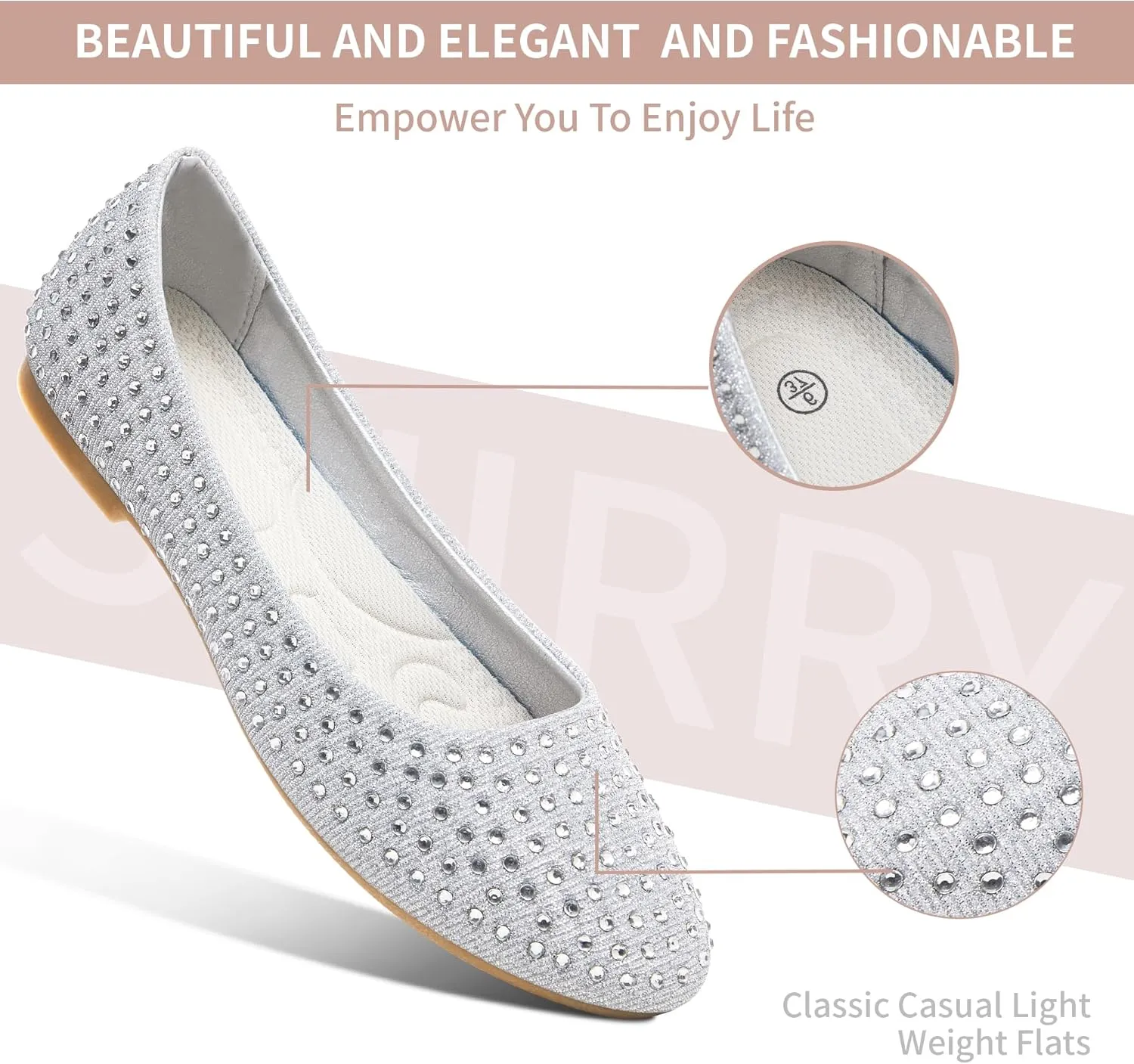 Women Rhinestone Ballet Flats Round Toe Sparkly Elegant Ballerina Flats Comfortable Light Weight Business Shoes Fashion Dress Wedding Shoes