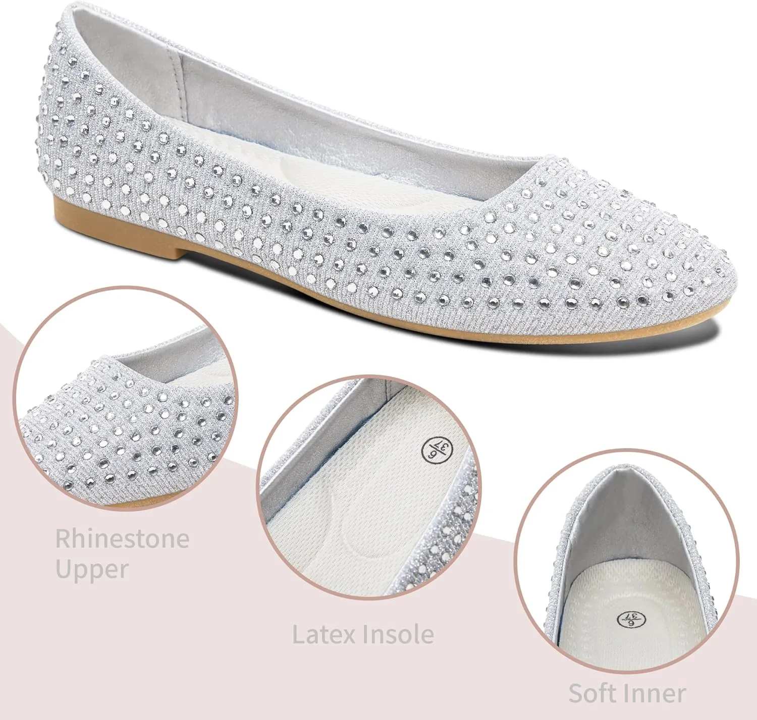 Women Rhinestone Ballet Flats Round Toe Sparkly Elegant Ballerina Flats Comfortable Light Weight Business Shoes Fashion Dress Wedding Shoes