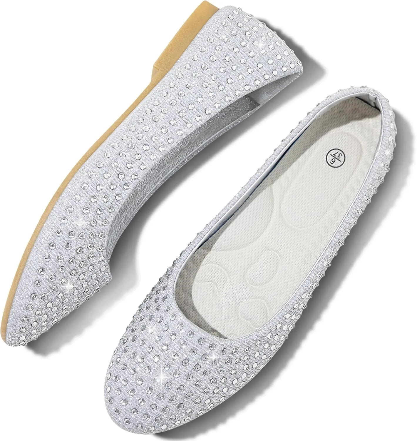Women Rhinestone Ballet Flats Round Toe Sparkly Elegant Ballerina Flats Comfortable Light Weight Business Shoes Fashion Dress Wedding Shoes