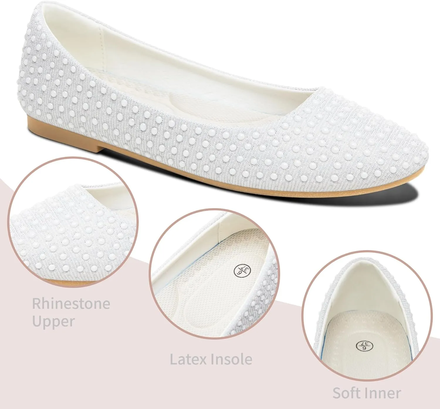 Women Rhinestone Ballet Flats Round Toe Sparkly Elegant Ballerina Flats Comfortable Light Weight Business Shoes Fashion Dress Wedding Shoes
