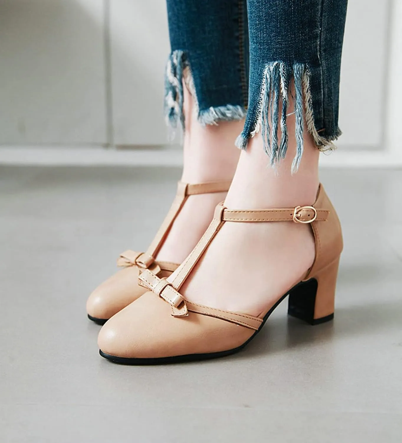 Womens Ankle T-Strap Pumps Bowknot Closed Toe Sandals Buckle Comfy Casual Block Mid Heel Dress Shoes