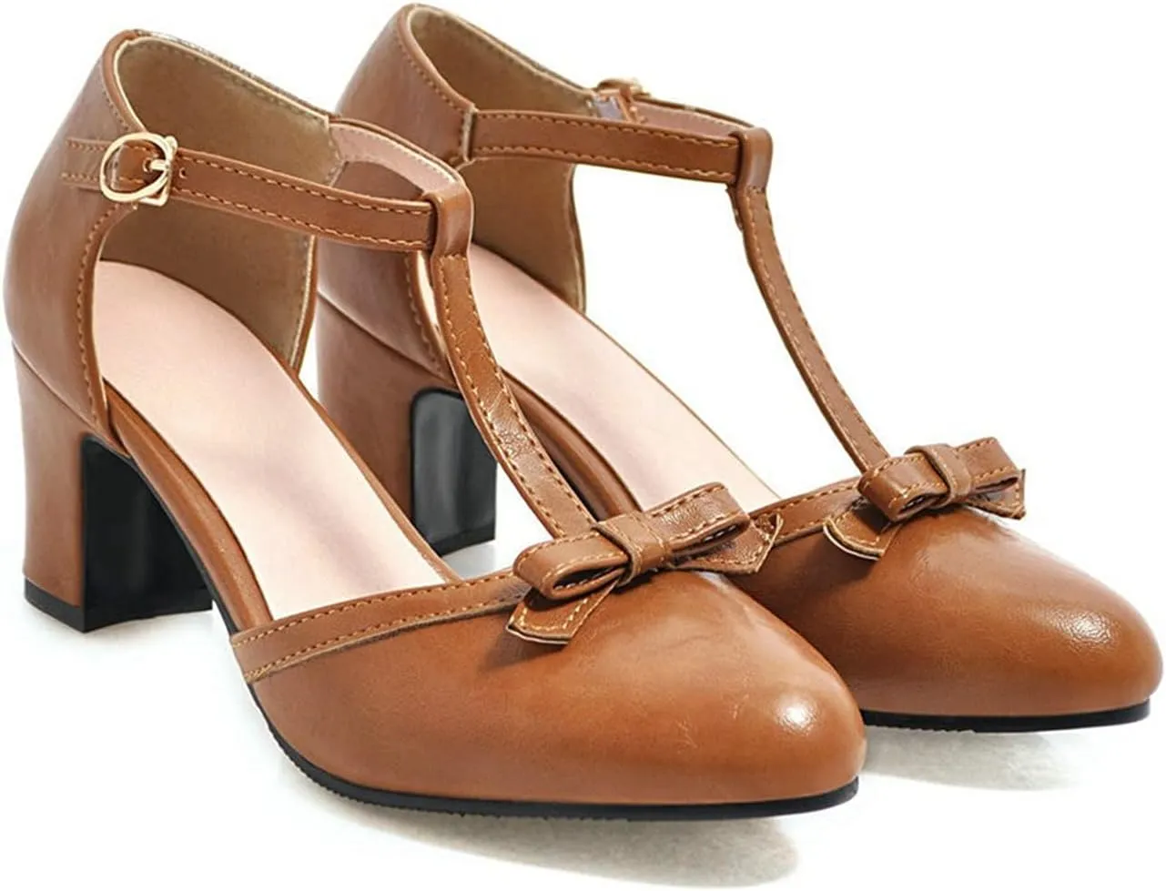 Womens Ankle T-Strap Pumps Bowknot Closed Toe Sandals Buckle Comfy Casual Block Mid Heel Dress Shoes
