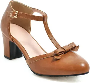 Womens Ankle T-Strap Pumps Bowknot Closed Toe Sandals Buckle Comfy Casual Block Mid Heel Dress Shoes