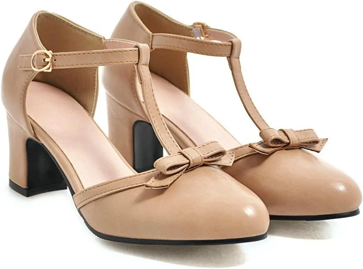 Womens Ankle T-Strap Pumps Bowknot Closed Toe Sandals Buckle Comfy Casual Block Mid Heel Dress Shoes