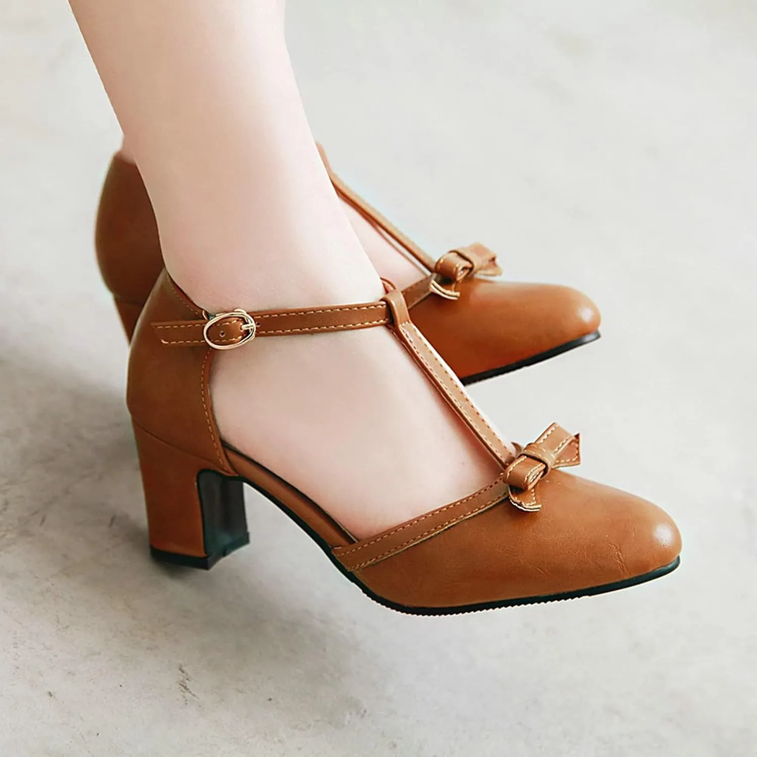 Womens Ankle T-Strap Pumps Bowknot Closed Toe Sandals Buckle Comfy Casual Block Mid Heel Dress Shoes
