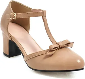 Womens Ankle T-Strap Pumps Bowknot Closed Toe Sandals Buckle Comfy Casual Block Mid Heel Dress Shoes