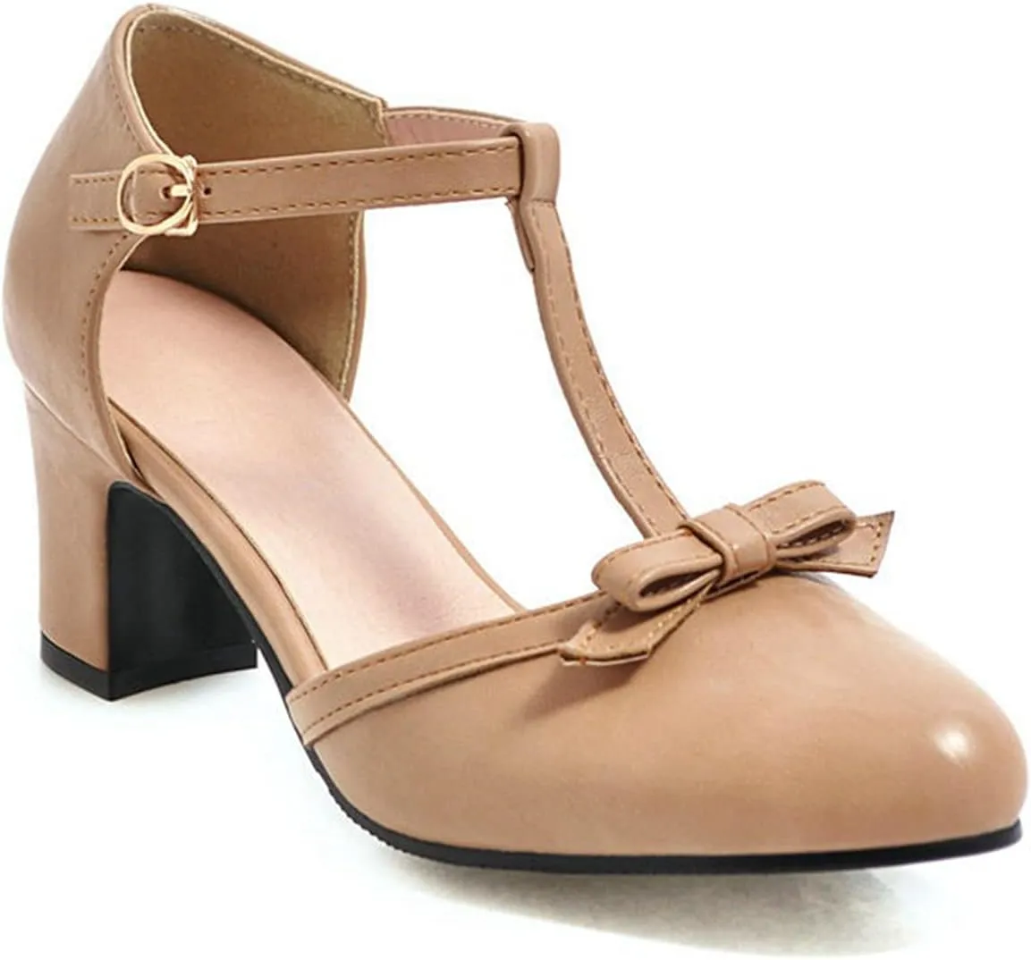 Womens Ankle T-Strap Pumps Bowknot Closed Toe Sandals Buckle Comfy Casual Block Mid Heel Dress Shoes