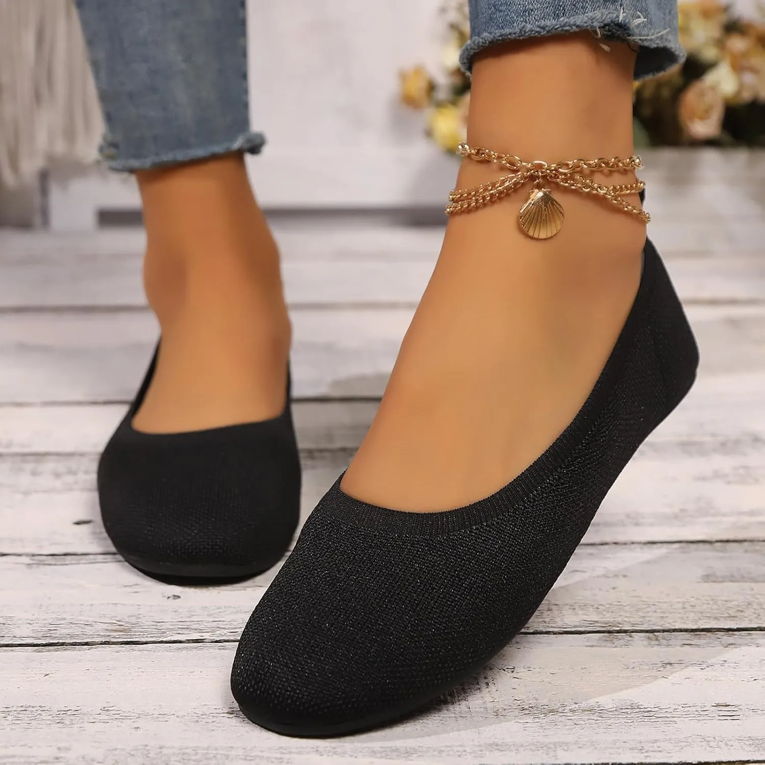 Women’s Ballet Flat Shoes Knit Shoes Round Toe Slip On Ballerina Walking Flats Shoes Black Leopard Comfortable Shoes