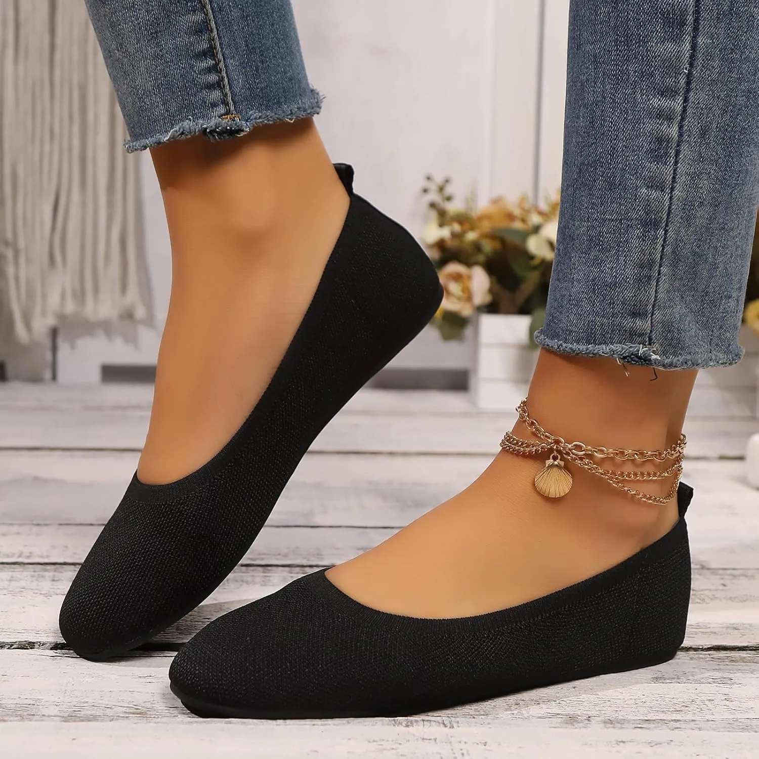 Women’s Ballet Flat Shoes Knit Shoes Round Toe Slip On Ballerina Walking Flats Shoes Black Leopard Comfortable Shoes