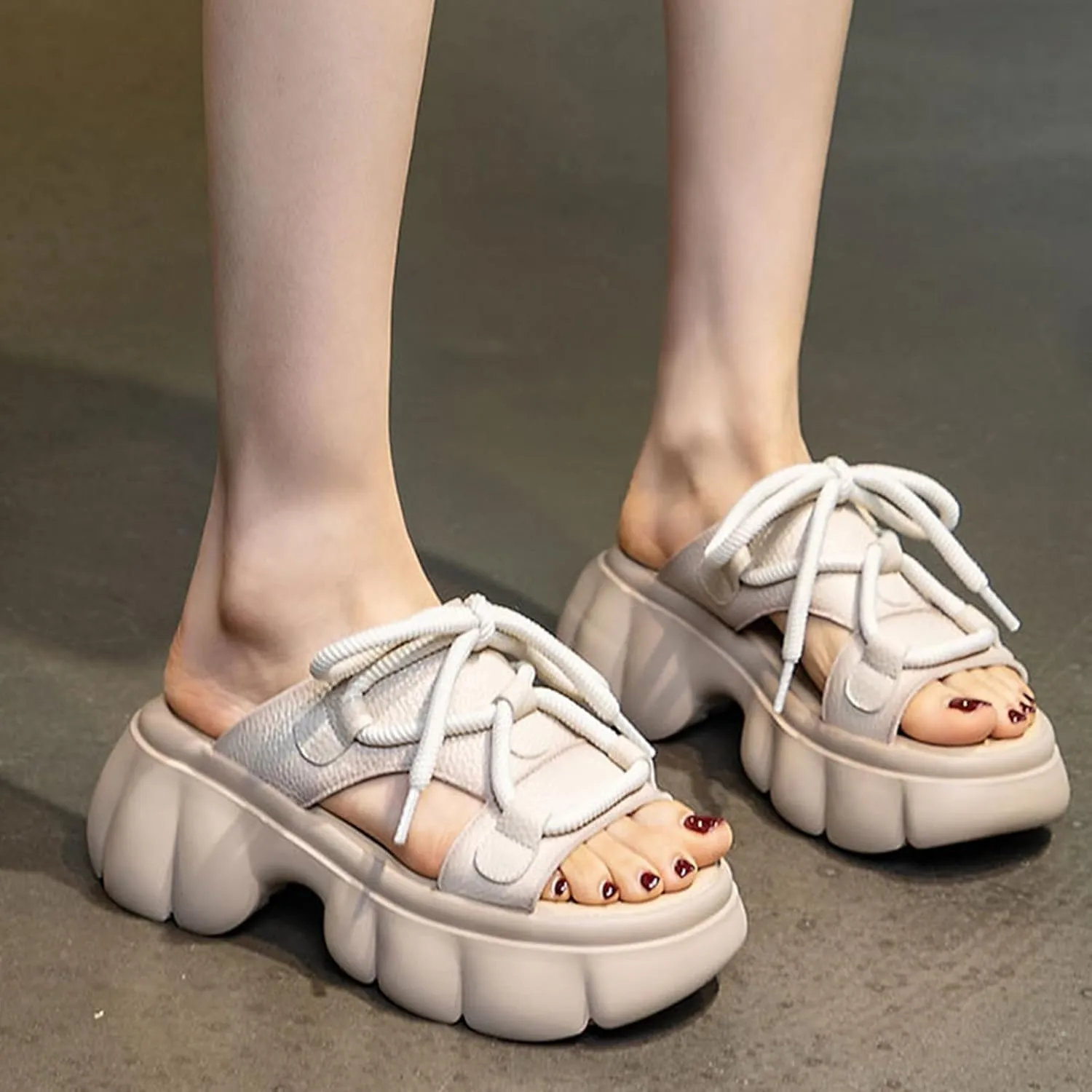 Women's Chunky Platform Genuine Leather Sandals Round Toe Lace-Up Chunky Heel Comfortable Slip-On Open-Toe Walking Slippers Summer Soft-Soled Non-Slip Sports Sandals