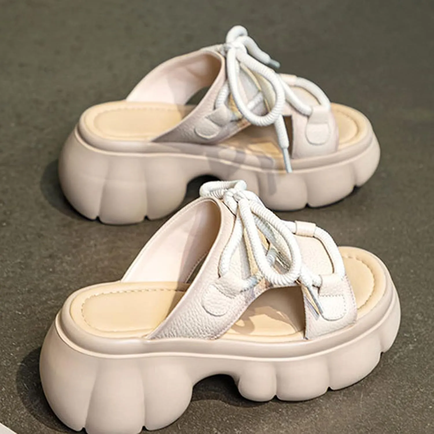 Women's Chunky Platform Genuine Leather Sandals Round Toe Lace-Up Chunky Heel Comfortable Slip-On Open-Toe Walking Slippers Summer Soft-Soled Non-Slip Sports Sandals