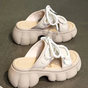 Women's Chunky Platform Genuine Leather Sandals Round Toe Lace-Up Chunky Heel Comfortable Slip-On Open-Toe Walking Slippers Summer Soft-Soled Non-Slip Sports Sandals