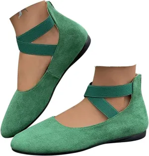 Women's Comfortable Fashion Elastic Ankle Straps Flats Shoes, Flat Shoes Dressy Ballet Flats with Stretch Ankle Straps Square Toe Slip on Walking Shoes Yoga Flat Shoes Slip On Loafers
