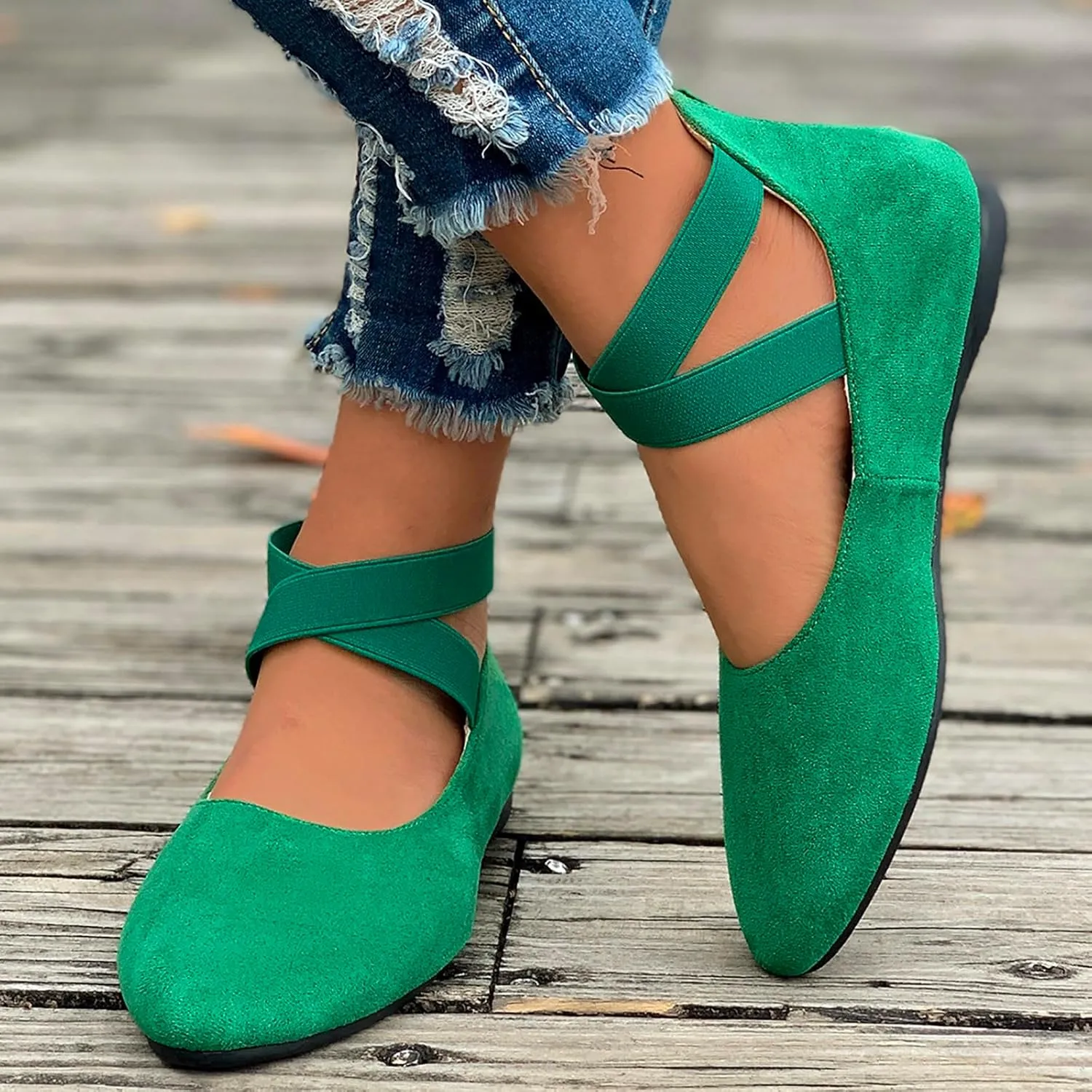 Women's Comfortable Fashion Elastic Ankle Straps Flats Shoes, Flat Shoes Dressy Ballet Flats with Stretch Ankle Straps Square Toe Slip on Walking Shoes Yoga Flat Shoes Slip On Loafers