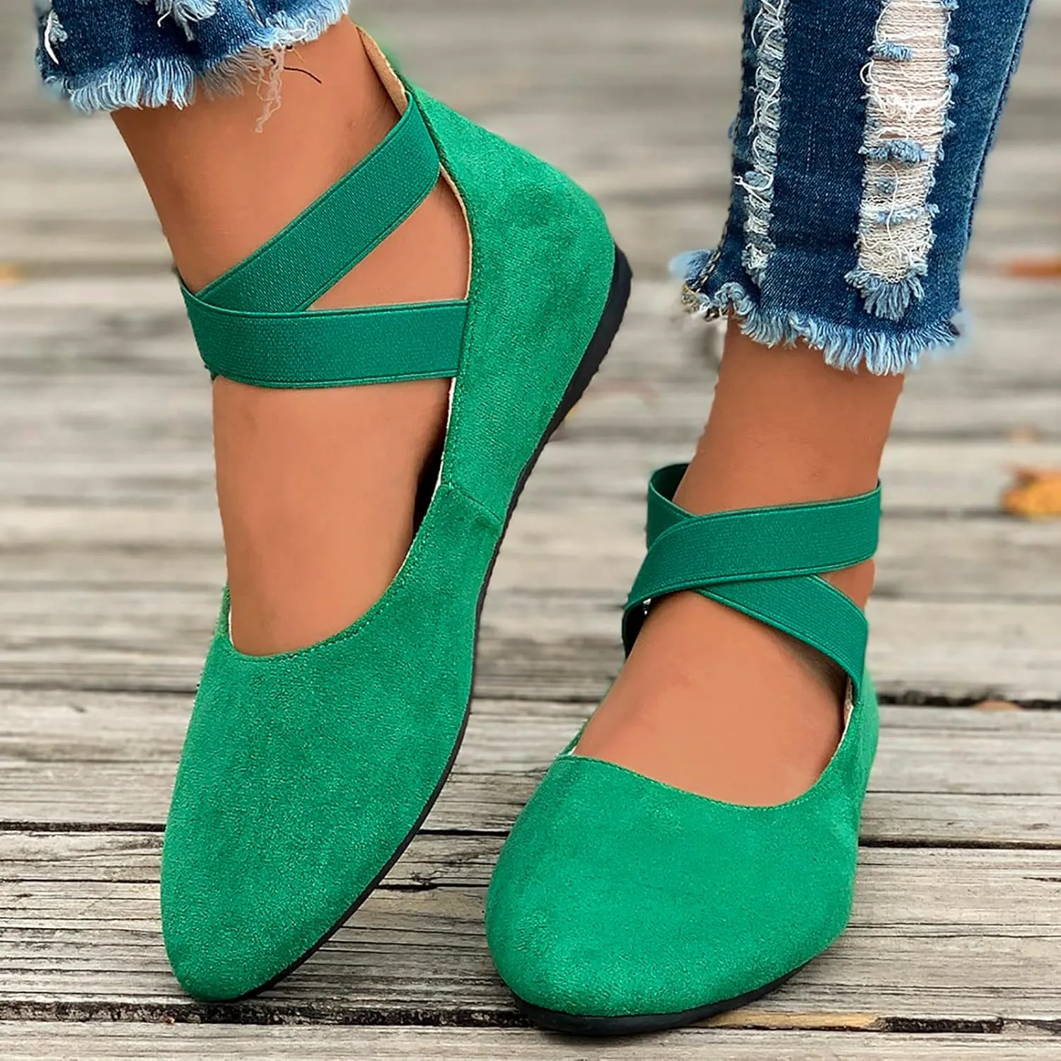 Women's Comfortable Fashion Elastic Ankle Straps Flats Shoes, Flat Shoes Dressy Ballet Flats with Stretch Ankle Straps Square Toe Slip on Walking Shoes Yoga Flat Shoes Slip On Loafers