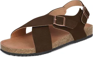 Womens Cork Footbed Sandals Suede Leather Flat Slides Orthopedic Summer Slip On Outdoor Walking Sandals with Adjustable Back Strap Criss Cross Band Arch Support Plantar Fasciitis,Coffee,US 8.5=EU 41