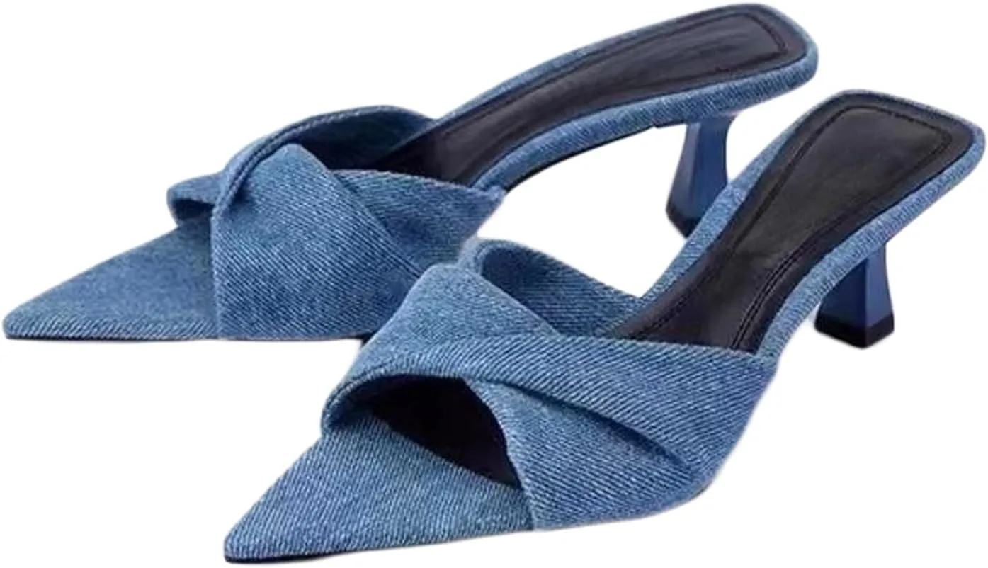 Women's Denim Kitten Heels Fashion Mules Sandals Sexy Crisscross Slingback Low Stiletto Slip-On Slides Sandals Open Pointed Toe Wedding Party Dress Pumps Slipper