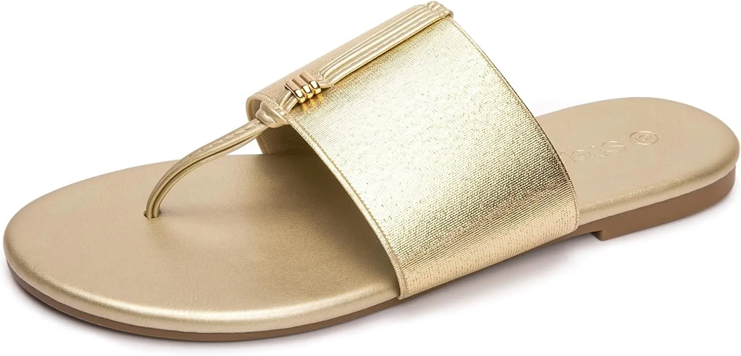 Women's Elastic T-Strap Sandals - Comfortable Slip-On Summer Flats, Stretchy Slide Sandals for Walking, Beach, and Casual Wear