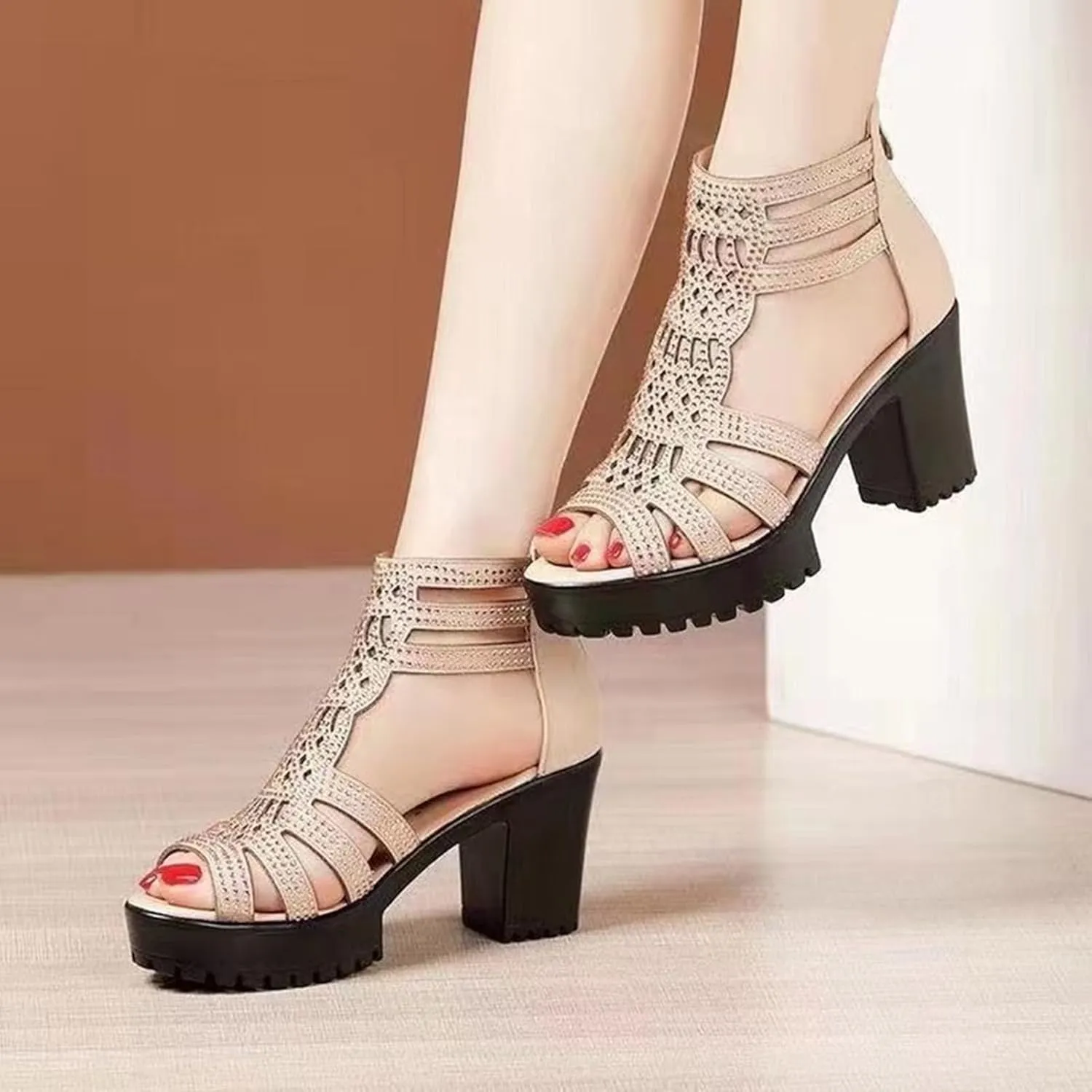 Women's Fashion Tall Thick Heel Design Block Chunky Heels Sandals Square Open Toe Ankle Strap Party Dress Pump Shoes Strappy Buckle Heeled Sandal