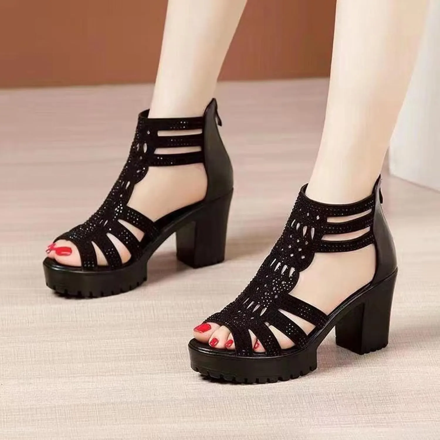 Women's Fashion Tall Thick Heel Design Block Chunky Heels Sandals Square Open Toe Ankle Strap Party Dress Pump Shoes Strappy Buckle Heeled Sandal