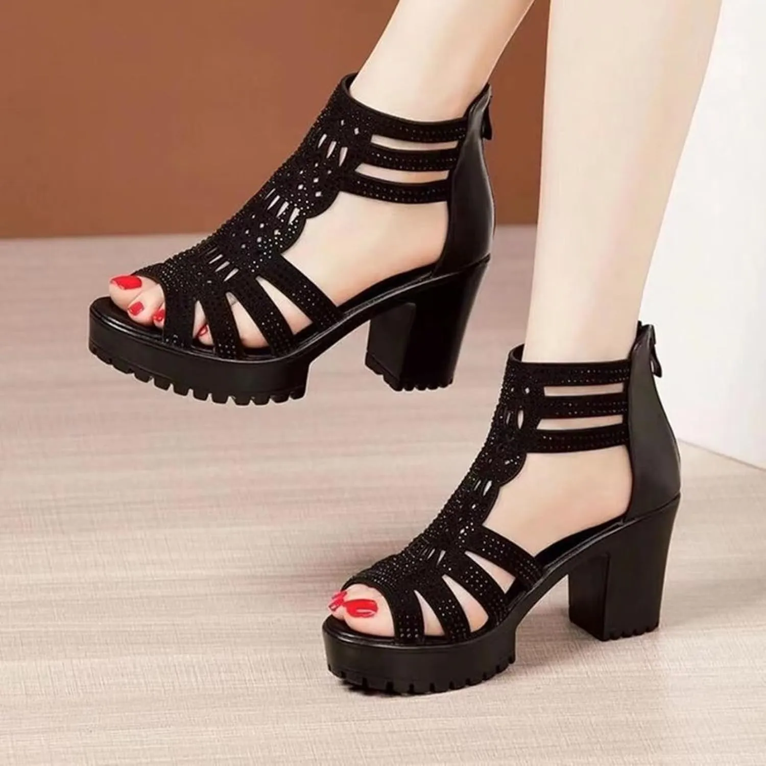 Women's Fashion Tall Thick Heel Design Block Chunky Heels Sandals Square Open Toe Ankle Strap Party Dress Pump Shoes Strappy Buckle Heeled Sandal