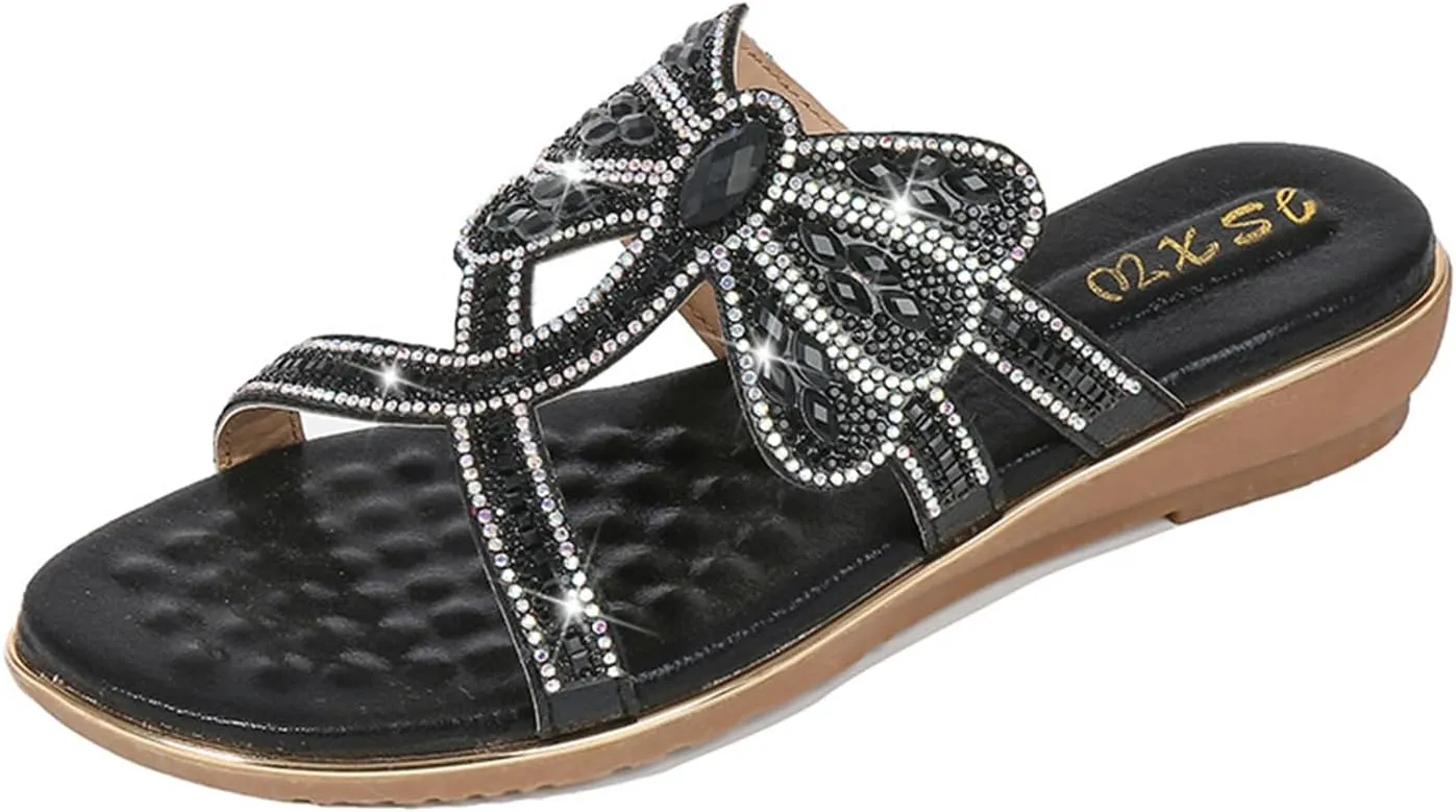 Women's Flat Sandals Summer Beach Sandal T-Strap Rhinestone Beaded Bohemia Shoes