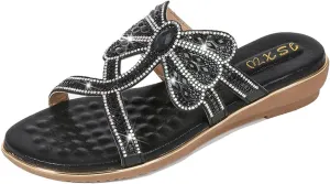 Women's Flat Sandals Summer Beach Sandal T-Strap Rhinestone Beaded Bohemia Shoes