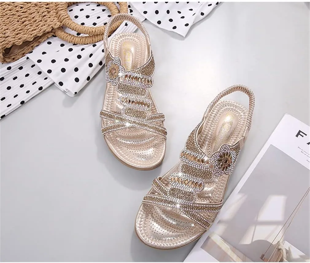 Women's Flat Sandals Summer Beach Sandal T-Strap Rhinestone Beaded Bohemia Shoes