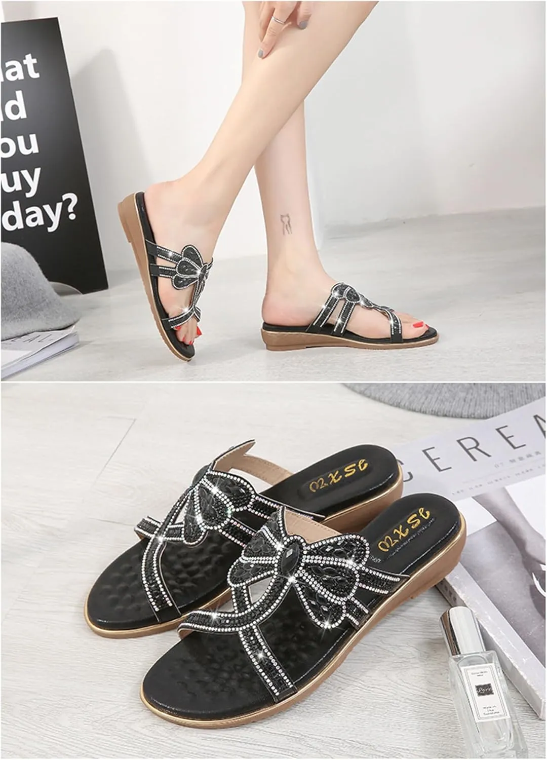 Women's Flat Sandals Summer Beach Sandal T-Strap Rhinestone Beaded Bohemia Shoes