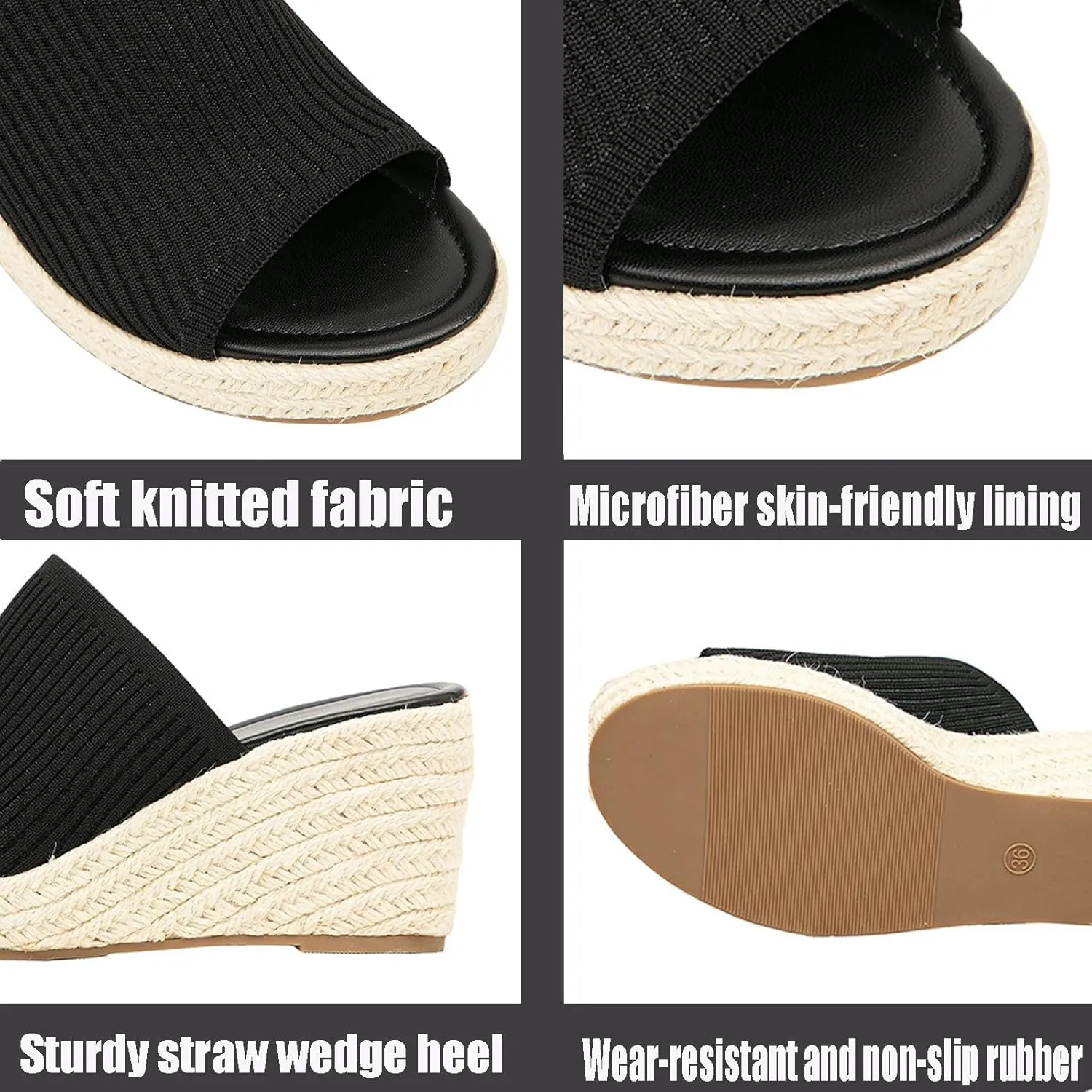 Womens Knit Wedge Platform Sandals Classic Fish Mouth Open Toe Slip On Slide Sandals Summer Soft Cute Beach Anti-Slip Slippers