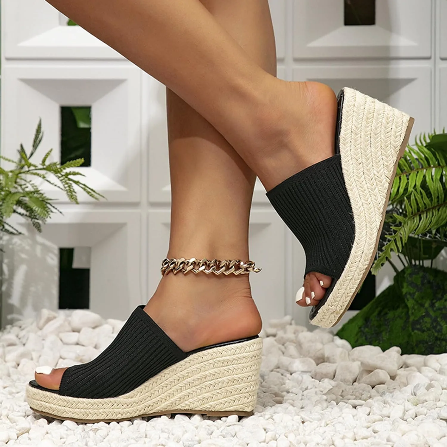 Womens Knit Wedge Platform Sandals Classic Fish Mouth Open Toe Slip On Slide Sandals Summer Soft Cute Beach Anti-Slip Slippers