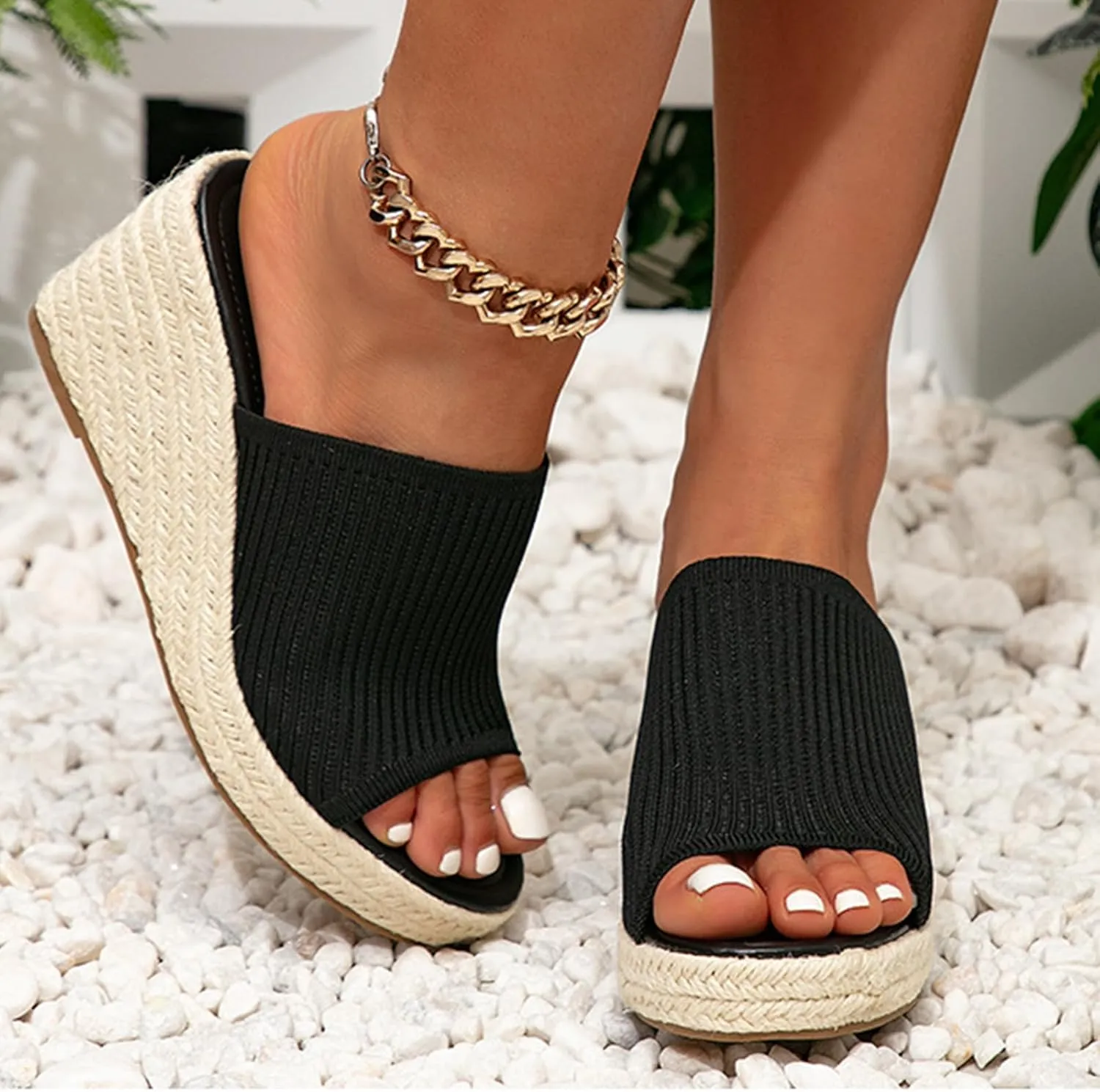 Womens Knit Wedge Platform Sandals Classic Fish Mouth Open Toe Slip On Slide Sandals Summer Soft Cute Beach Anti-Slip Slippers