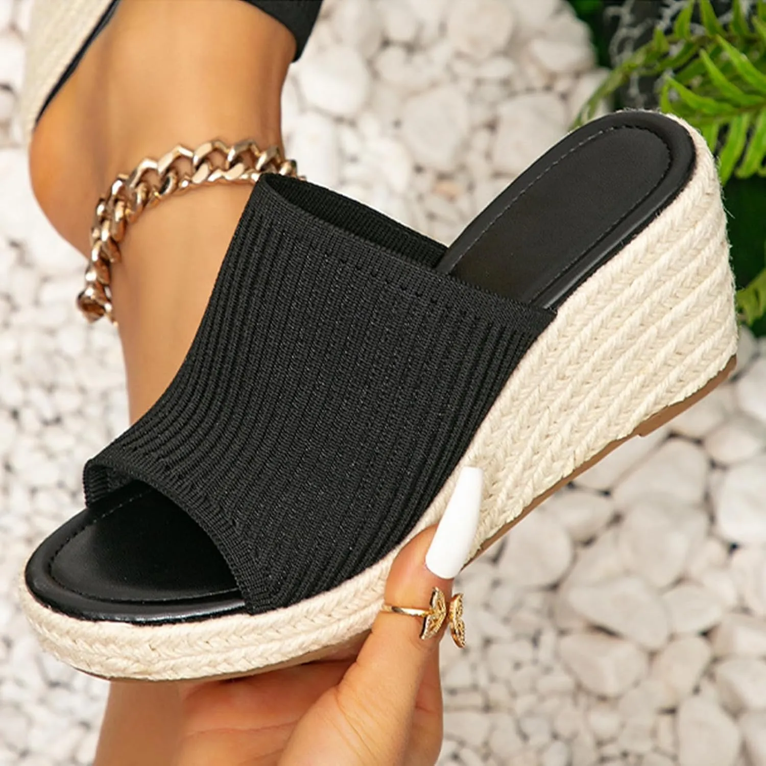 Womens Knit Wedge Platform Sandals Classic Fish Mouth Open Toe Slip On Slide Sandals Summer Soft Cute Beach Anti-Slip Slippers