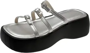 Women'S Leather mulit strappy Platform Slides sadals Fashion square Open Toe chunky goth Y2K slippers For Summer Casual Beach Chunky Wedge sandals