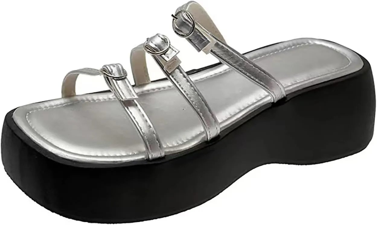 Women'S Leather mulit strappy Platform Slides sadals Fashion square Open Toe chunky goth Y2K slippers For Summer Casual Beach Chunky Wedge sandals