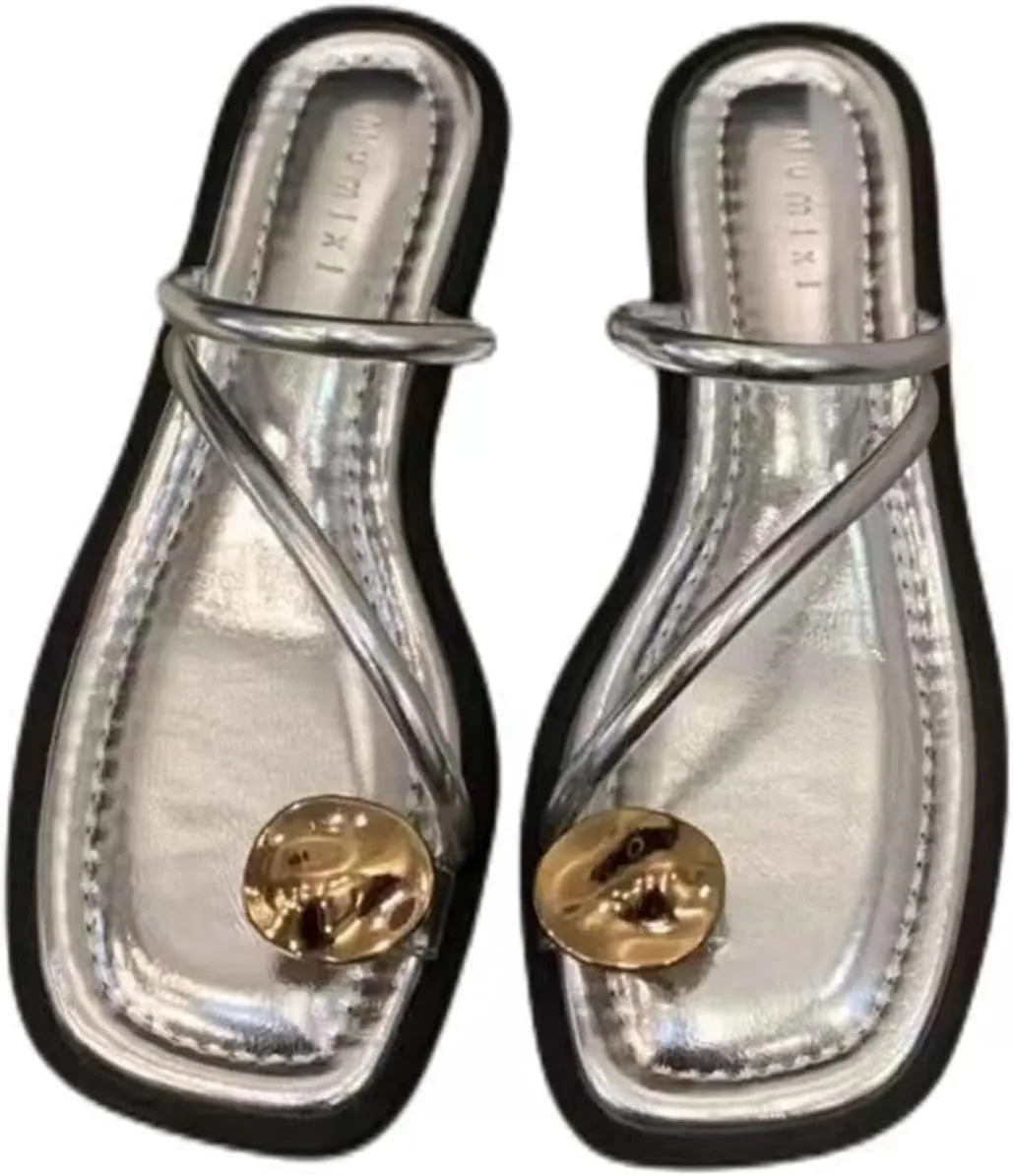 Women's leather strappy flat metal toe ring sandals fashionable square open toe low block heel slip-on Clip Toe Slide Sandals Casual Summer Beach slipper